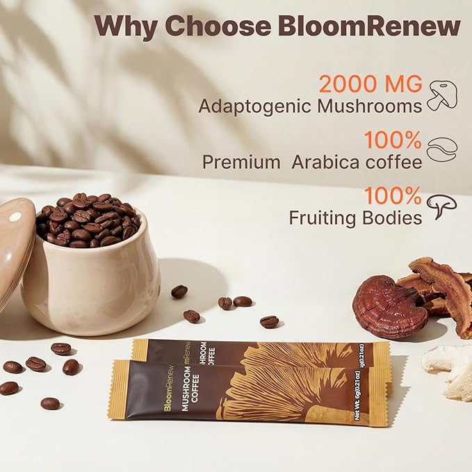 Mushroom Coffee Instant Coffee with Adaptogenic Mushrooms Organic Lion's Mane &amp Reishi Maitake Chaga MCT oil for Energy Focus Digestive &amp Immune Support 30 Servings