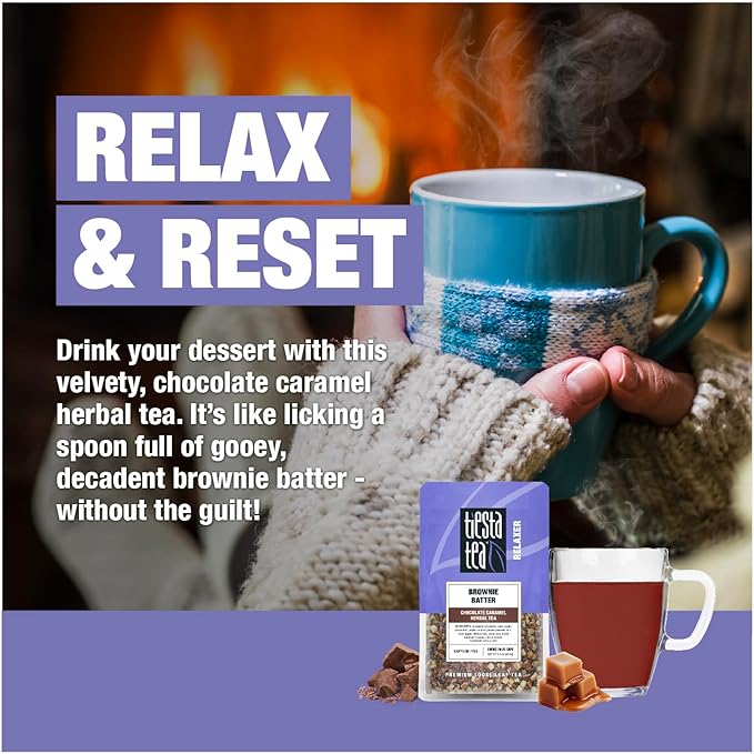 Tiesta Tea - Brownie Batter Herbal Tea and Brewbasket Infuser Bundle Chocolate Caramel Tea Non-Caffeinated 3oz Resealable Pouch with 5oz Reusable Stainless Steel Strainer