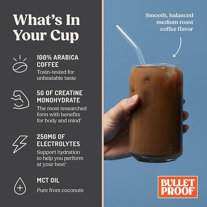 Bulletproof Coffee + Creatine Instant Coffee 5g Micronized Creatine Monohydrate with Electrolytes &amp MCT Oil Clean Toxin-Tested Beans Energy &amp Performance Support 38 Servings