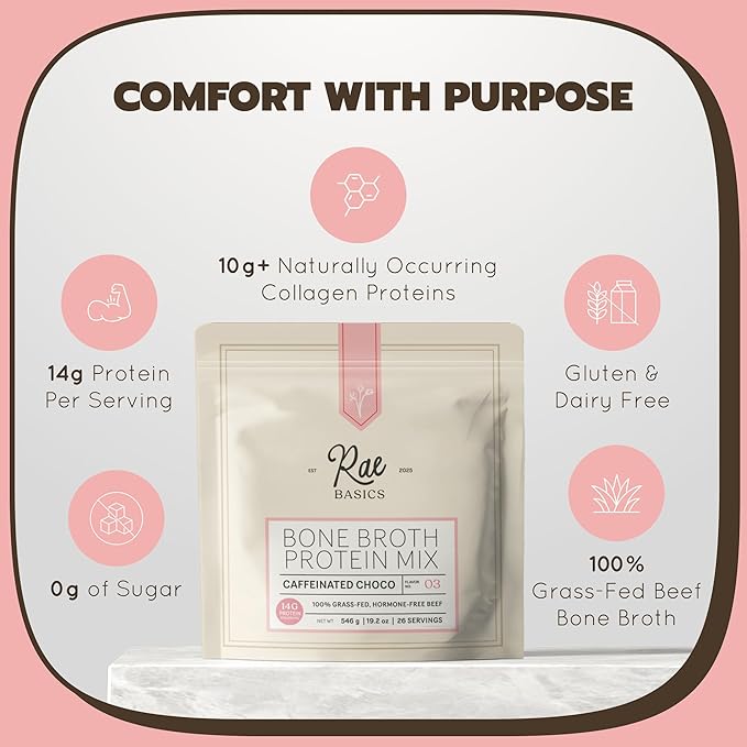 Bone Broth Protein Powder Grass Fed Collagen with 14g Complete Protein &amp 60mg Caffeine Gluten Free Keto &amp Dairy Free Organic &amp Clean Ingredients Caffeinated Chocolate 26 Servings