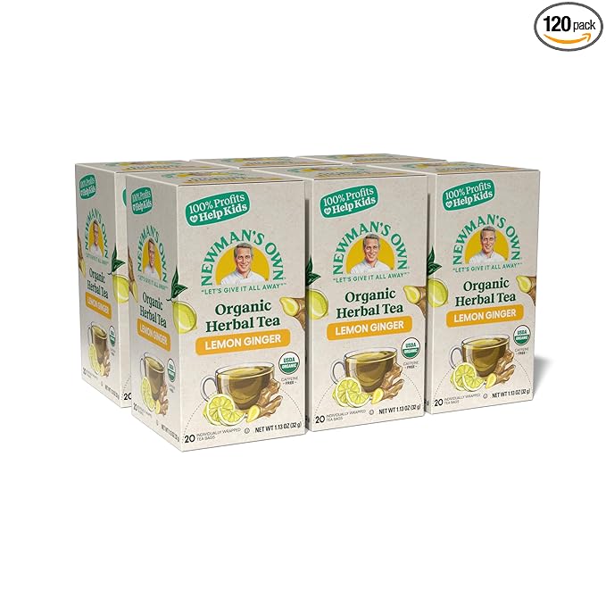 Newman's Own Organic Lemon Ginger Herbal Tea with Rooibos Tea with Organic Ginger 20 Individually Wrapped Tea Bags Per Box (Pack of 6) USDA Certified and Kosher Cinnamon Tea Caffeine-Free