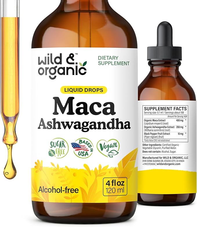 Wild &amp Organic Maca Root Ashwagandha Drops for Men and Women - Liquid Maca Ashwagandha Supplement for Overall Support - Peruvian Extract Tincture - Vegan Sugar &amp Alcohol-Free - 4 fl oz