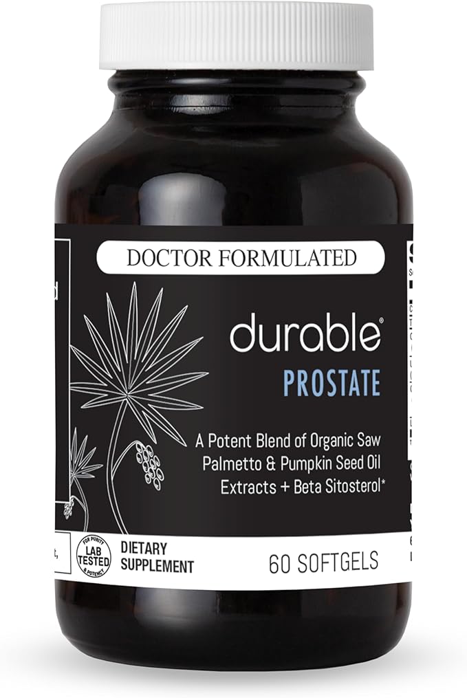 Durable Prostate – Organic USPlus Saw Palmetto + Beta-Sitosterol – Supports Men’s Prostate Health Bladder Function &amp Flow– Doctor-Formulated Made in USA – 30 Day Supply (60 Softgels)