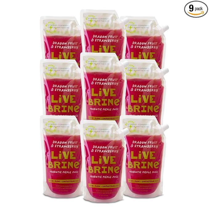 Olive My Pickle Probiotic Pickle Juice - 175.5 Ounces | 9 Pack of LiveBrine Dragon Fruit &amp Strawberry Pickle Juice with Natural Probiotics and Digestive Enzymes for Gut Health - 117 Pickle Shots
