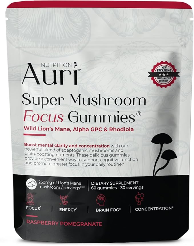 Auri Nutrition Super Mushroom Focus Gummies w/Lion's Mane Alpha GPC &amp Rhodiola – Mushroom Supplement to Support Cognitive Function Mental Clarity Focus &amp Energy 60 Gummies Vegan Friendly