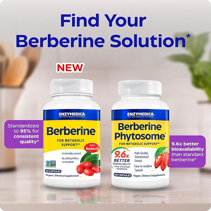 Enzymedica Berberine Supplement HCl 510mg Berberine for Overall Health and Wellness Vegan 60 Capsules