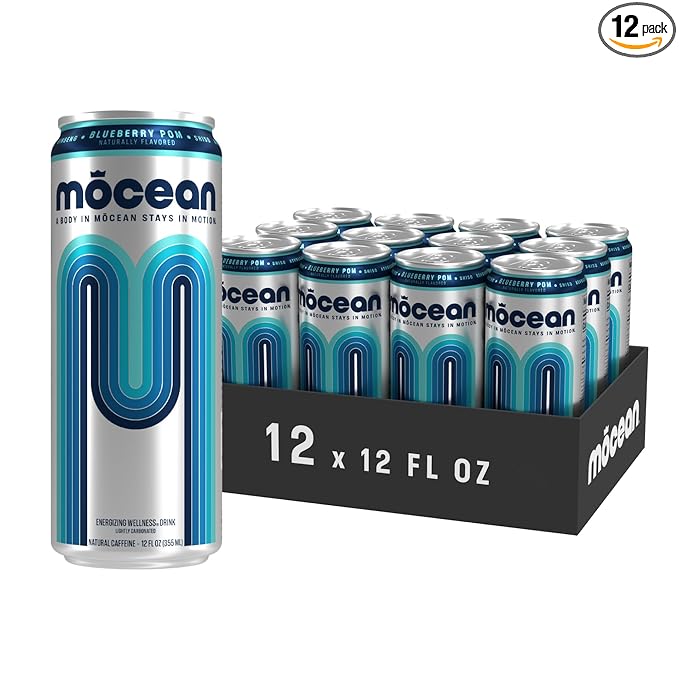 MŌCEAN Blueberry Pomegranate Energy Drink 12 fl oz (Pack of 12) Clean Adult Energy Drink with 130mg Caffeine Adaptogens &amp Minerals No Taurine No Sucralose No Candy Flavors