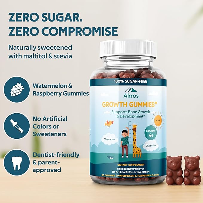 Akros Growth Gummies for Kids &amp Teens | Sugar-Free Calcium + Vitamin D3 &amp K2 Gummies - Height &amp Bone Support | Ashwagandha Spirulina L-Arginine | Non-GMO Gluten-Free 60 Raspberry-Water