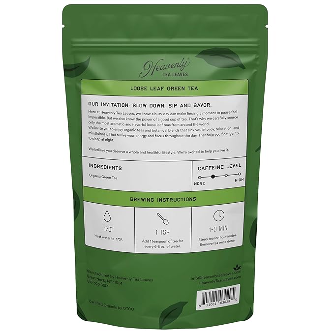 Heavenly Tea Leaves Organic Jasmine Pearl Green Tea 1 lb Bulk Loose Leaf (Approx. 200 Servings) – Hand-Rolled Green Tea Scented with Jasmine Blossoms USDA Organic OU Kosher Premium Quality