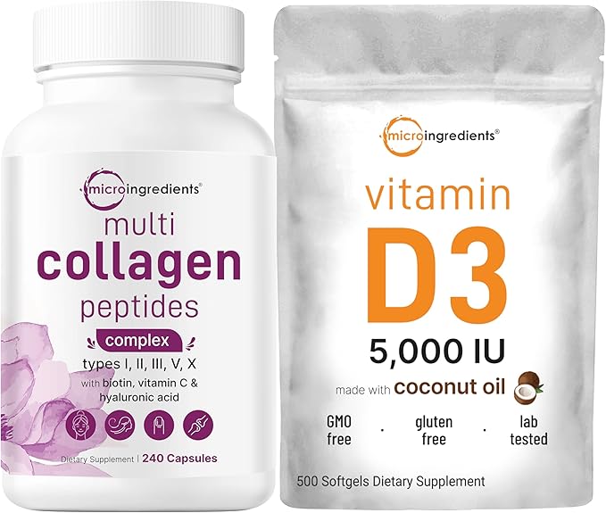 Micro Ingredients Multi Collagen Pills &amp Vitamin D3 5000 IU Bundle Pack | Grass-Fed Collagen Peptides | Vitamin D as Cholecalciferol