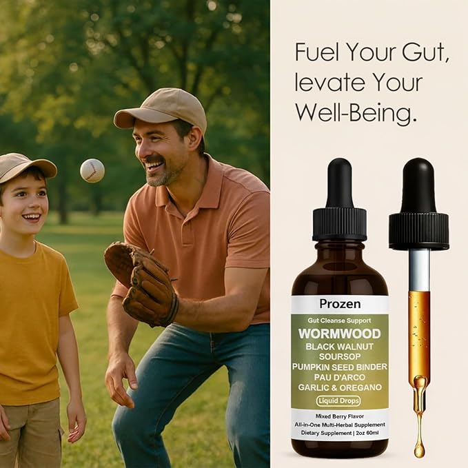 Prozen Wormwood Gut Cleanse Liquid Drops Nuvian Wormwood Black Walnut Clove Gut Cleanser for Adults with Soursop Pumpkin Seed Pau D'Arco Garlic Oregano Boosts Energy Health &amp Absorption2Oz