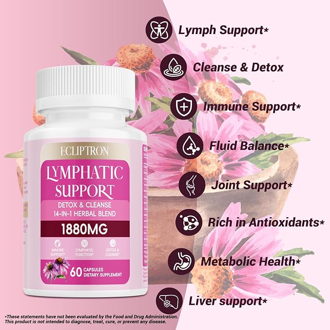 Lymphatic Drainage Supplement 1880 mg Lymphatic System Support Supplement with Echinacea Dandelion Turmeric Burdock Elderberry and Calendula Lymph Detox Cleanse &amp Immune Support 120 Capsul