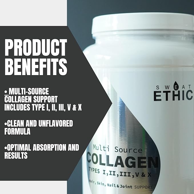 Sweat Ethic Multi Source Collagen Unflavored Collagen Peptides Powder Hydrolyzed Collagen Protein with 5 Types from Natural Sources 60 Calories Gluten Free Non GMO 50 Servings