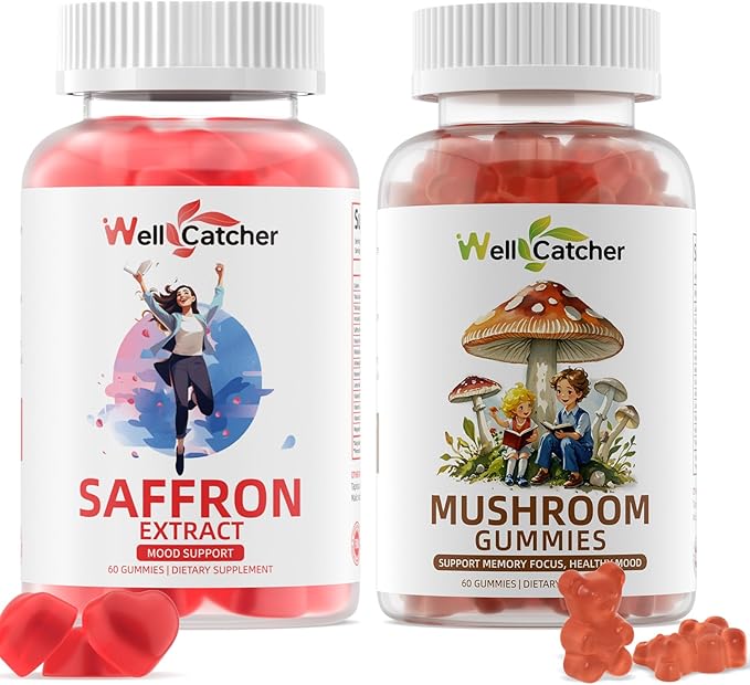 Saffron &amp Mushroom Complex Gummies for Kids Adults Support Focus Positive Mood Memory Sugar Free Organic No Artificial Colors &amp Flavors