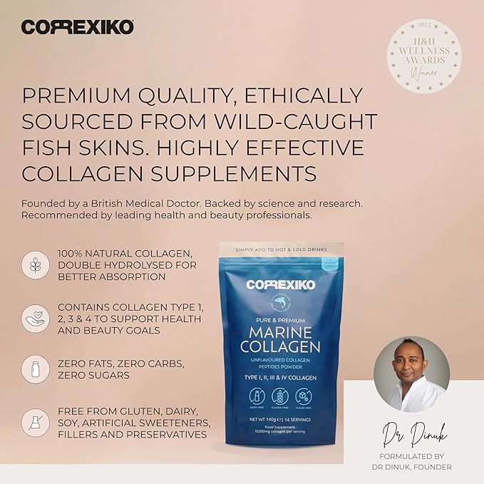 CORREXIKO Marine Collagen Powder Supplement Unflavored - 1kg &amp 5oz Bundle - 10000mg Double Hydrolyzed Collagen Peptides per Serving - Formulated for Maximum Absorption - Hair Skin &amp Nails