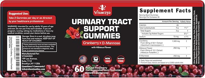 Potent Cranberry Gummies with D Mannose - Urinary Tract Health for Women &amp Men Urinary Flush &amp Bladder Fast-Acting Support Supplements with Hibiscus Powder 60 Count