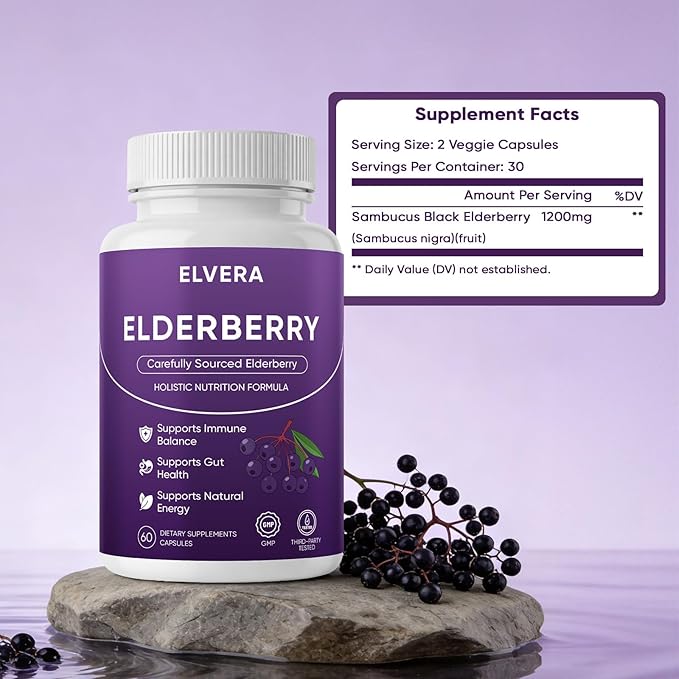 Elvera Elderberry Elvera Gut Support Complex with Zinc &amp Vitamin C Organic Black Elderberry Soft Capsules for Immune Support Boost Energy Digestive and Gut Healthy 60 Capsules (1)