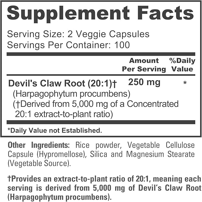 NusaPure Devil's Claw 20:1 Extract 250 mg Equivalent to 5000mg 200 Veggie Capsules Concentrated Root Extract Devils Claw Herbal Supplement Non-GMO Vegan Supplement