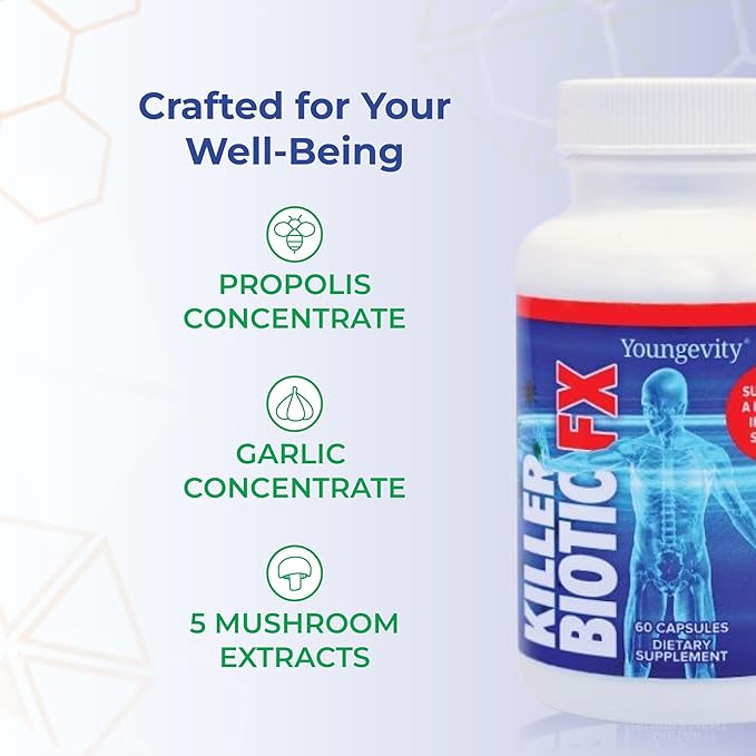 Youngevity Killer Biotic FX - Immune System Support | Sourced from Bee Propolis Mushrooms &amp Colostrum | Natural Immunity Support | 60 Capsules