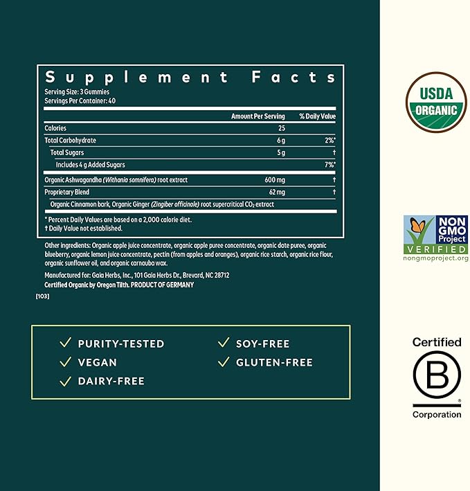 Gaia Herbs Organic Ashwagandha Gummies - Stress Support* - Made with Cinnamon &amp Ginger - Gluten Free &amp Vegan - 120 Count (40 Servings)