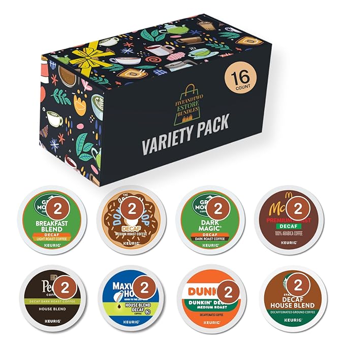 Decaf Coffee Pods Variety Pack - 16 K Cups 8 Flavors - Includes all Top Decaf Brands- Light Roast Medium Roast Dark Roast House Blend Decaf Coffee in Giftable Decaf K Cups Sampler Box for Keurig