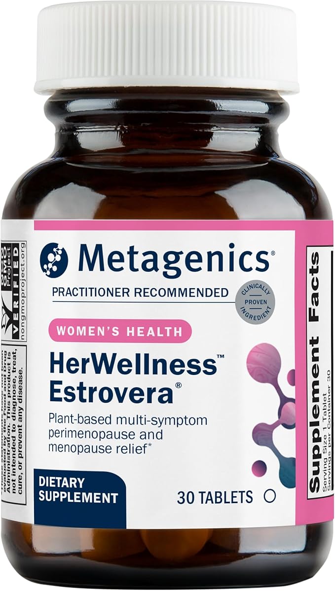 Metagenics HerWellness Estrovera - Hormone-Free Plant-Based Supplement - Supports Menopause &amp Perimenopause Relief - Hot Flashes Night Sweats Multi-Symptom Support - Vegetarian Non-GMO - 30 Tab