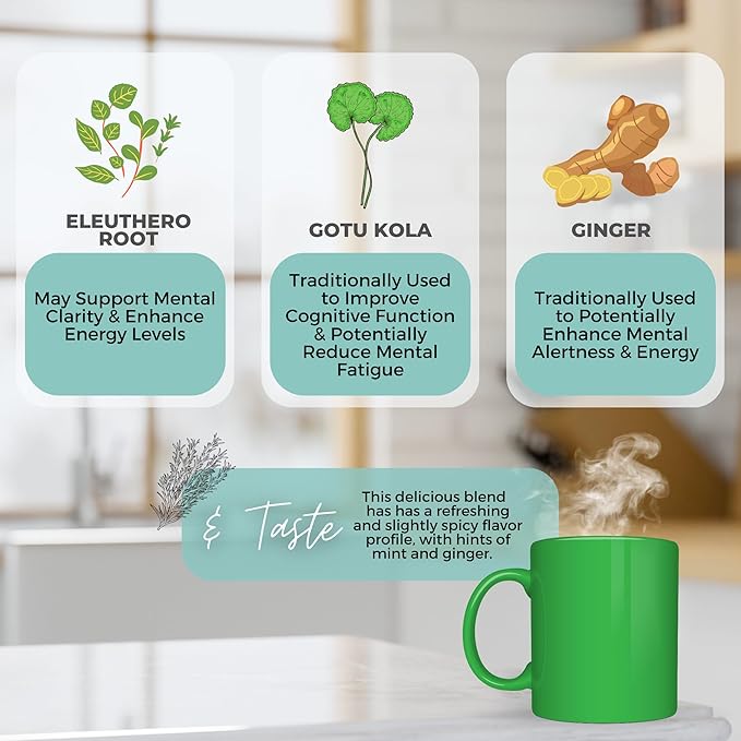 Natural Energy Boost Coffee Replacement Loose Leaf Tea w/ Eleuthero Root Gotu Kola Ginger | Organic Herbal Tea | 2 oz (57 gram) | Decaf Vegan Healthy ZERO Caffeine Organic Herbs No Natural or