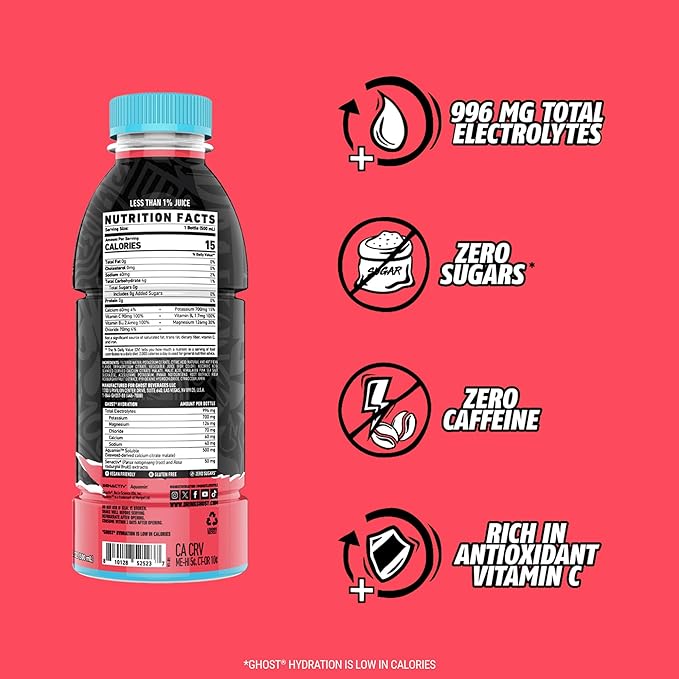 GHOST Hydration Drink Kiwi Strawberry- RTD Sports Drink with Electrolytes Natural Vitamins &amp Minerals - All Day Lifestyle Hydration Beverage - Zero Caffeine &amp Zero Sugars - 16.9 Fl Oz 12 Pa