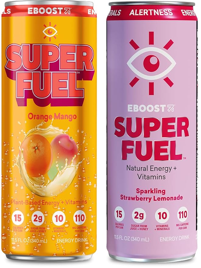 EBOOST Super Fuel Healthy Energy Drink Orange Mango and Strawberry Lemonade Bundle 12 Pack Each Focus Productivity 110 mg Caffeine Nootropics Electrolytes No Sucralose Taurine Artificial Flavors