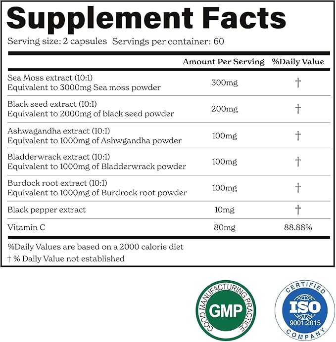 3000mg Iris Sea Moss 2000mg Black Seed Oil 1000mg Ashwagandha 1000mg Burdrock Root 1000 mg Bladderwrack with Black Pepper &amp Vitamin C |Vitality &amp Energy Support | All-in-one supplement| Pa