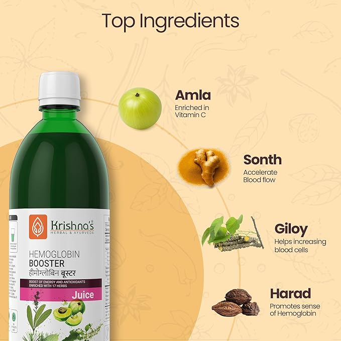 KRISHNA'S HERBAL &amp AYURVEDA Hemoglobin Booster Juice - 500 Ml (Pack of 2) Helps to Improve Your Haemoglobin Count Goodness Dev Daru Kutki Amla &amp 13 Other Super Herbs 500 ml (Pack of 2) Multi