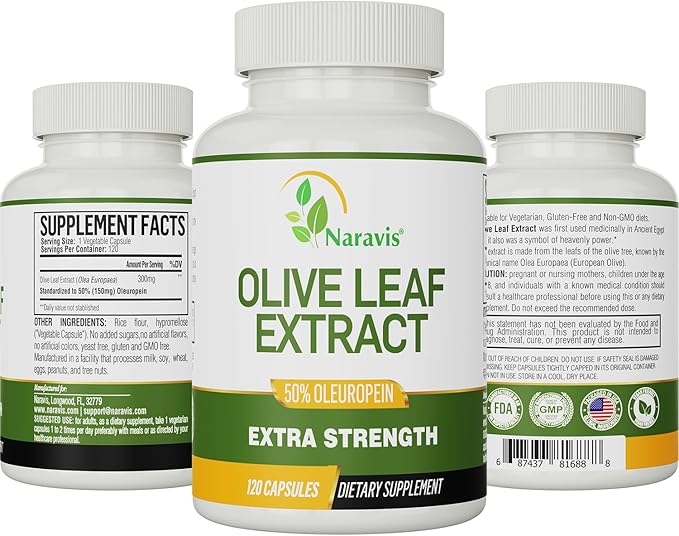 Naravis Olive Leaf Extract - 50% Oleuropein Immune Support Supplement - 120 Capsules (4-Month Supply)