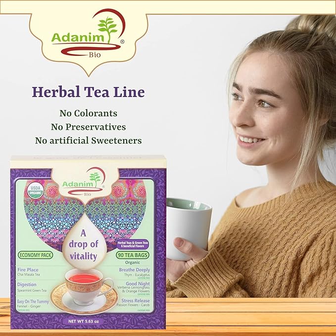 Adanim Bio A Drop of Vitality Organic Tea Sampler Variety Pack Gift Box Assorted Flavors of Green &amp Herbal Tea Gift Set Assortment 6 Flavors 90 Individually Wrapped Tea Bags Kosher Holiday Gifts