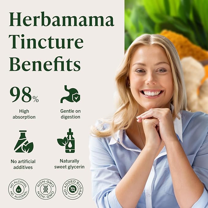 HERBAMAMA Turmeric and Ginger Supplement - Vegan Immune Complex with Liquid Turmeric with Ginger and Black Pepper Extract - Non-GMO Alcohol &amp Sugar-Free Immunity Drops - 56-Day Supply