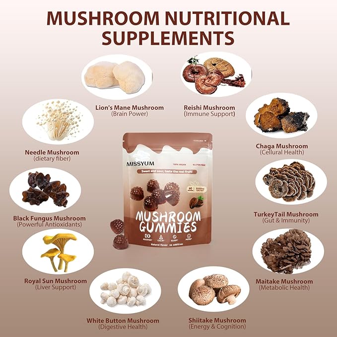 Mushroom Gummies 10-in-1 Adaptogenic Blend Vegan Coffee Flavor 60 Count | with Lion's Mane Reishi Chaga Shiitake &amp More