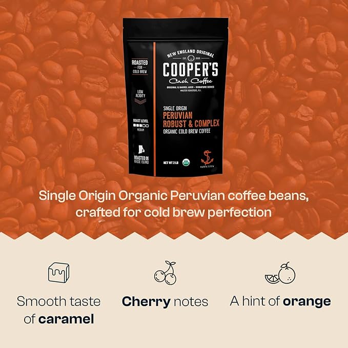 Peruvian Organic Cold Brew Coffee Single Origin &amp Gourmet Beans Tasting Notes Of Caramel With A Touch of Cherry &amp Orange Medium Roast Coarse Whole Bean 2 lb Coffee Bag