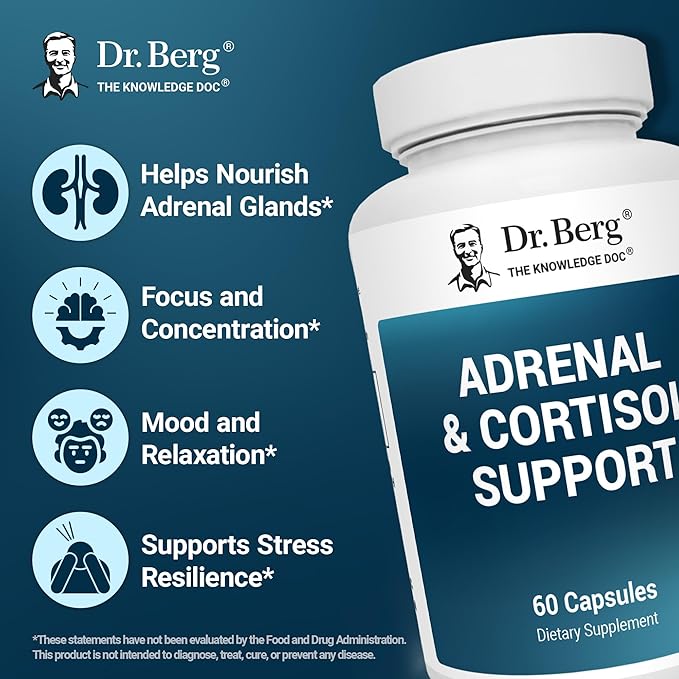 Dr. Berg Adrenal &amp Cortisol Capsules - Adrenal Supplement &amp Cortisol Manager - Mood Focus Relaxation and Stress Support - Adrenal Supplements with Ashwagandha Extracts - 60 Capsules