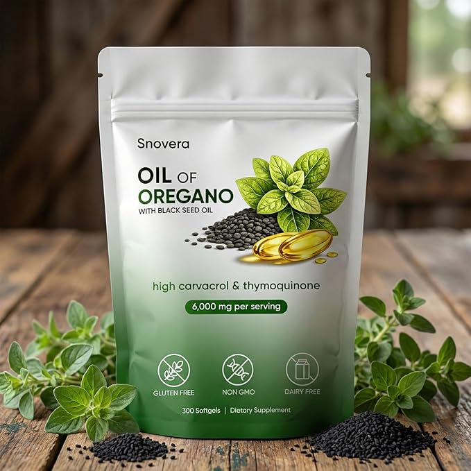 Snovera Oil of Oregano 2 in 1 Organic Oil of Oregano with Black Seed Oil for Immune Digestive Support Gut Comfort 6000mg Per Serving Plant Based Non-GMO 300 Softgels