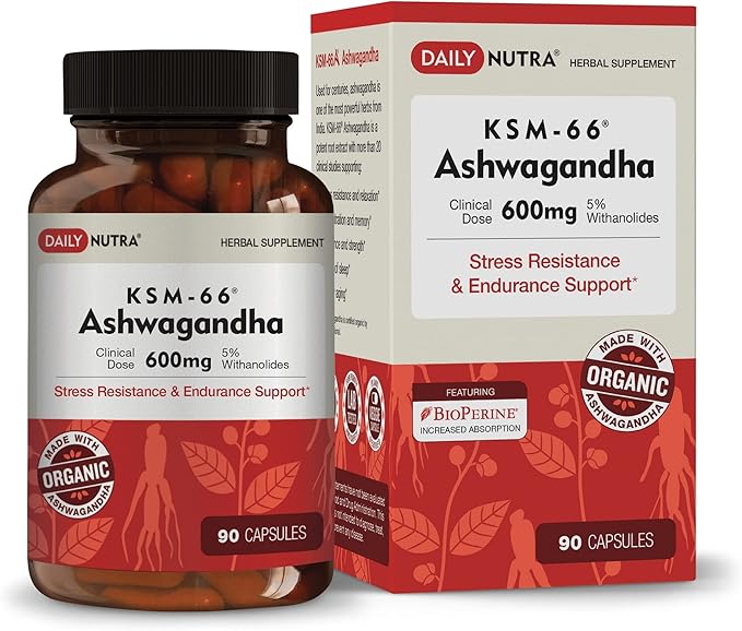 DailyNutra KSM-66 Ashwagandha 600mg Organic Root Extract - High Potency Supplement with 5% Withanolides | Relieves Tiredness Supports Relaxation Focus Energy &amp Muscle Growth (90 Capsules)