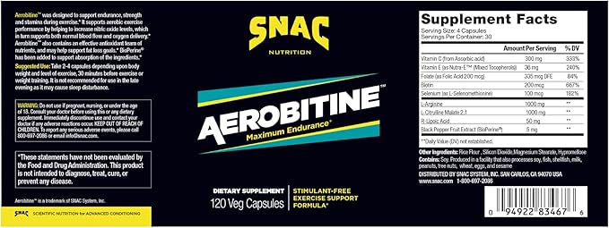 SNAC Aerobitine - Stimulant Free Pre-Workout Supplement for Maximum Endurance. Nitric Oxide Booster Improves Blood Flow Reduces Fatigue &amp Thermogenic Benefits. 120 Veggie Capsules