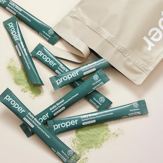 Proper The Greens Daily Boost Organic Greens Powder. Whole Food Apple Flavor Veggie Powder Superfood with Wheatgrass Spirulina Chlorella Probiotics. Daily Drink Mix for Wellness and Digestion