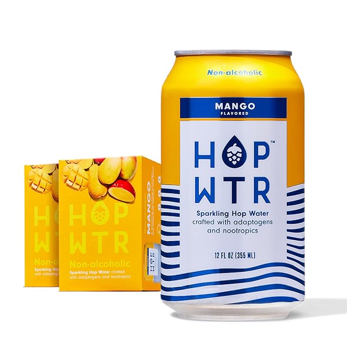 HOP WTR Sparkling Hop Water Mango 12 Pack Sugar Free Low Carb Non Alcoholic Drinks NA Beer Adaptogen Drink No Calories Adaptogens &amp Nootropics for Added Benefits 12 oz Cans