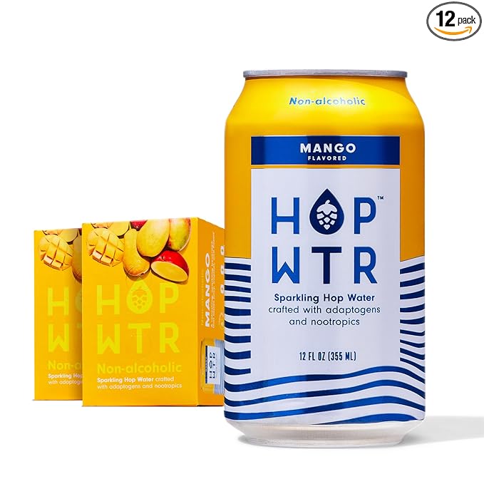 HOP WTR Sparkling Hop Water Mango 12 Pack Sugar Free Low Carb Non Alcoholic Drinks NA Beer Adaptogen Drink No Calories Adaptogens &amp Nootropics for Added Benefits 12 oz Cans