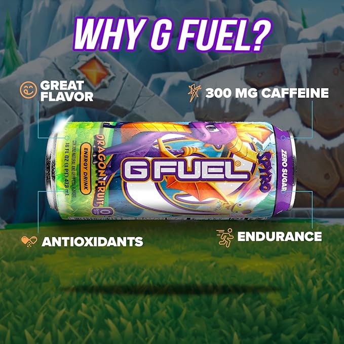 G Fuel Energy Drink Dragon Fruit Sugar Free Beverage with 140mg Caffeine Daily Energy Boost with Focus Amino Vitamin + Antioxidants 16 oz Cans (Spyro the Dragon 12-Pack)