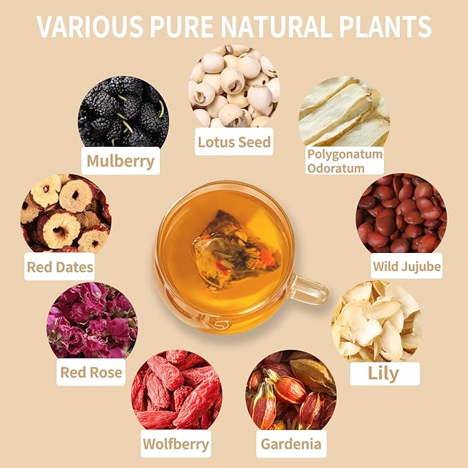 Sleep Herbal Tea - Night Time Tea for Bedtime - 20 Tea Bags with Mulberry Red Date Gardenia Red Rose Jade Bamboo Lotus Seed Goji Berry Lily Semen Ziziphi - Natural Night Sleeping Tea