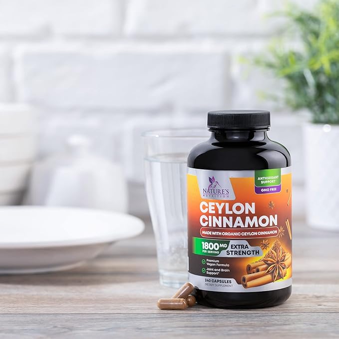 Organic Ceylon Cinnamon 1800mg Per Serving - Extra Strength Certified Organic Ceylon Cinnamon Powder Pills Supplement - Energy &amp Heart Support Antioxidant for Women &amp Men Bottled USA - 240 Ca