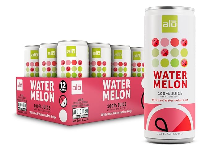ALO Slim Can Juice Watermelon with Real Fruit Pulp| 10.82 fl oz Pack of 12 | Plant-Based Beverage 100% Natural Juice