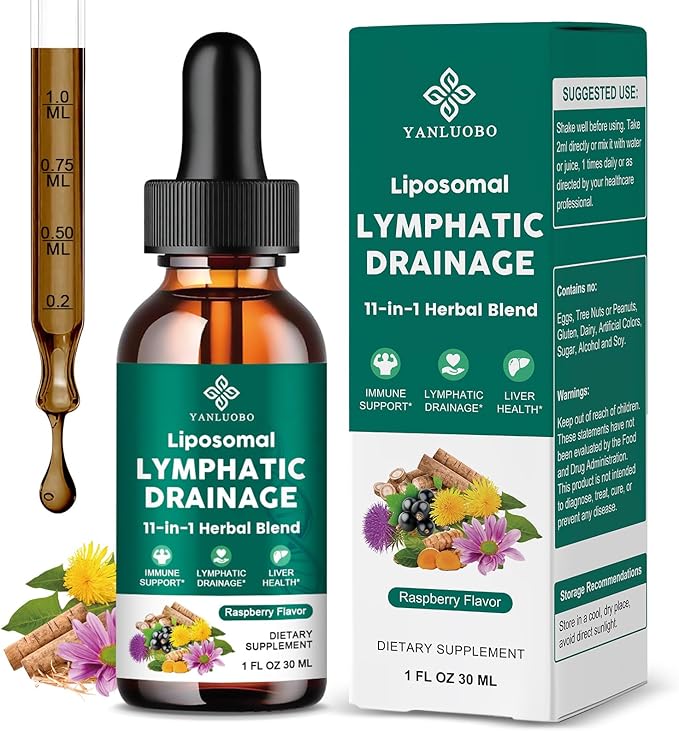 Lymphatic Drainage Drops - 11 in 1 Lymphatic Supplement for Immune Lymph System &amp Liver Detox - with Echinacea Horse Chestnut Dandelion Elderberry &amp Burdock - Raspberry Flavor Vegan 2 Fl