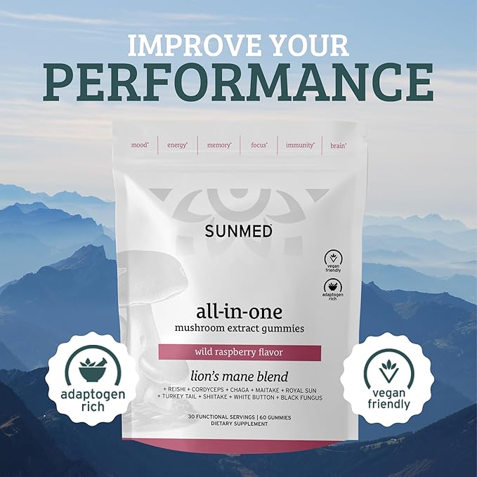 SUNMED All-in-One Mushroom Gummy Supplements for Focus Energy Mood &amp Immune Support – 10 Functional Mushrooms (Lion’s Mane Reishi Cordyceps Chaga) | Wild Raspberry Flavor 60ct