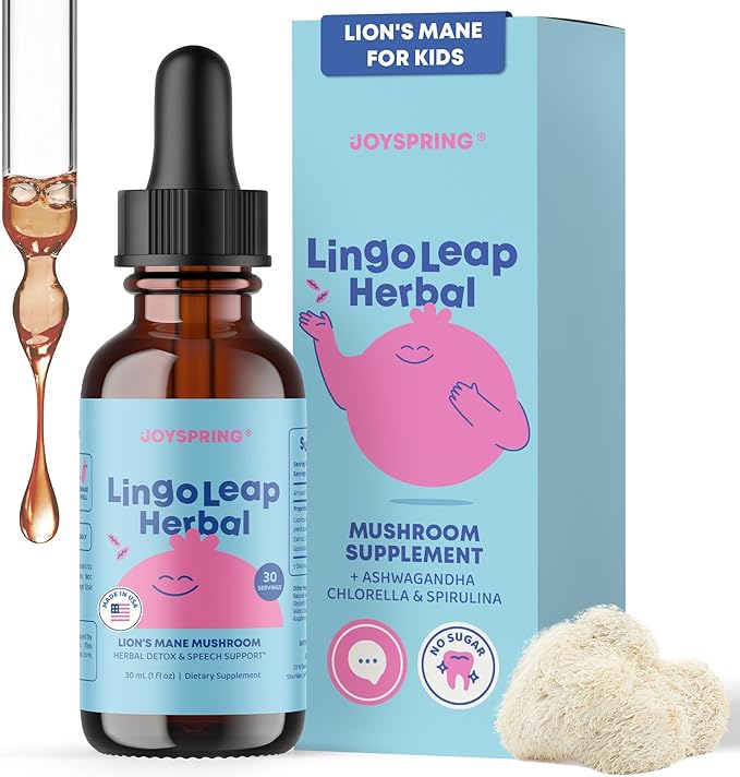 JoySpring Lions Mane for Kids Liquid Drops | LingoLeap Kids Cognitive &amp Brain Support Herbal Supplement | Lion’s Mane Mushroom with Gotu Kola &amp Ashwagandha |Raspberry Flavor| 30 Servings